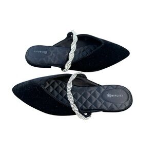 Birdies Black Velvet Rhinestone Mules Size 8.5 Braid Flat Almond Toe Swan Glam